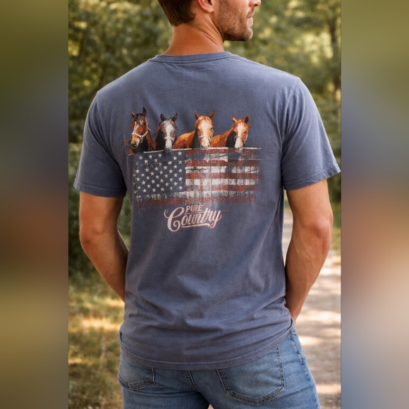 Pure Country Horses Graphic Tee 🇺🇸🐎 American Flag Western Shirt Unisex Blue - Picture 2 of 3